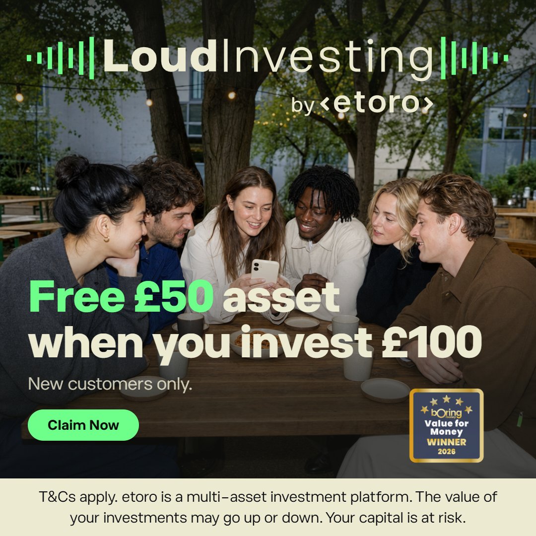 eToro's tweet photo. Ready to start investing?
Sign up for a free etoro account, invest £100 and get a £50 asset to kickstart your portfolio. New customers only. T&amp;Cs apply. Your capital is at risk.
Claim your £50 asset now.
It's time to get loud about investing.