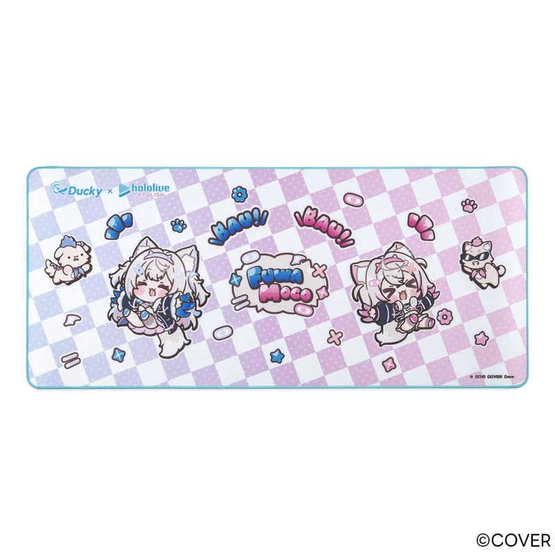 denfaminicogame's tweet photo. ホロライブの双子VTuber「FUWAMOCO」とDuckyのコラボ「マウスパッド」「キーキャプセット」が販売開始。BAU！BAU！
https://t.co/FjWEKxt1bW

やさしいピンク×ブルーの配色で、イラストはみたらしねこ氏による描き下ろし。マウスパッドは800x350x3mmの大型サイズで、キーキャップは132個セット https://t.co/5fDHdVC9so