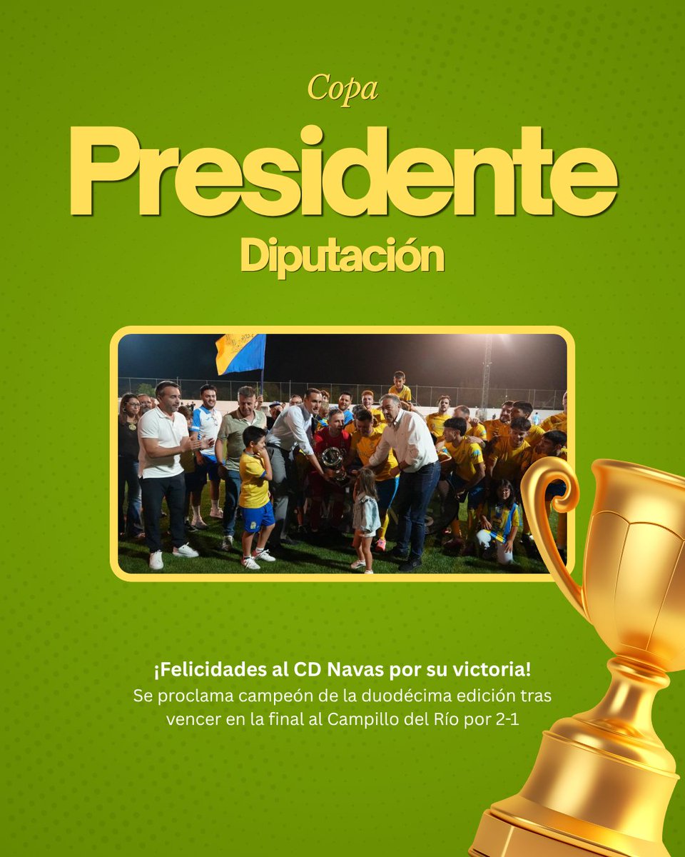dipujaen's tweet photo. 🏆 ¡El CD Navas levanta la Copa!
El presidente ha entregado el trofeo de la XII Copa Presidente Diputación de Fútbol al #CDNavas tras imponerse por un ajustado 2-1 al Campillo del Río CF en el municipal de #BañosDeLaEncina, un vibrante triunfo con el que el cuadro navero logra su segundo título en esta emocionante competición veraniega apoyada por la Administración provincial.
👉 Ajustada victoria del CD Navas por 2-1
👉 Segundo título copero para la escuadra navera
👉 Emocionante ambiente futbolístico en Baños de la Encina
🗣️ @juanlatorreruiz
🗣️ @AfricaColomo
#CopaPresidenteDiputación #FútbolJiennense