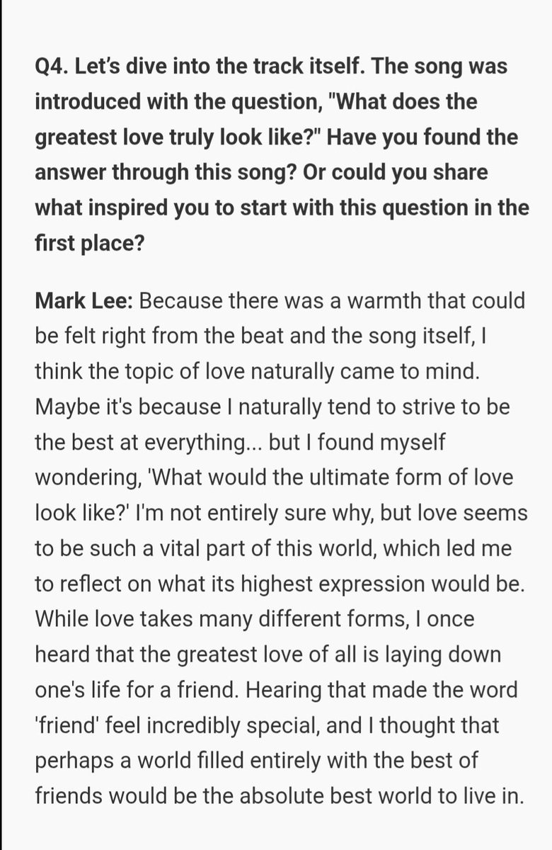 Marklee_base's tweet photo. 260910 Interview with Record Magazine

Q9. Lastly, do you have a message for the fans who stayed with us until the end of this interview?

Mark Lee: To everyone who read this far and showed interest, you are truly my friends... Thank you for listening to my story. I always want to be Mark, an artist who can entertain you and continuously share music and stories that inspire you for a long time to come. Hope to be on this journey with you all. I'll be keeping you guys posted with more music throughout this year, so stay tuned... Wishing you all a wonderful day, every day.

Full: https://t.co/TLP0YrqS8V

#MyFriend_MarkLee
#ForeverMyMARKFriend