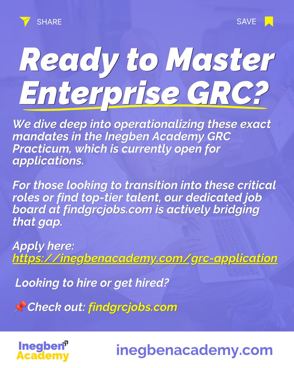 inegbenacademy's tweet photo. 3. For Intending GRC Students: Static checklists are over.
Entering GRC today means mastering high-stakes, data-driven resilience engineering to protect organizations from crippling liabilities.
#GRCtraining #GRCcourse #inegbenacademy https://t.co/QBLvXHD9yh