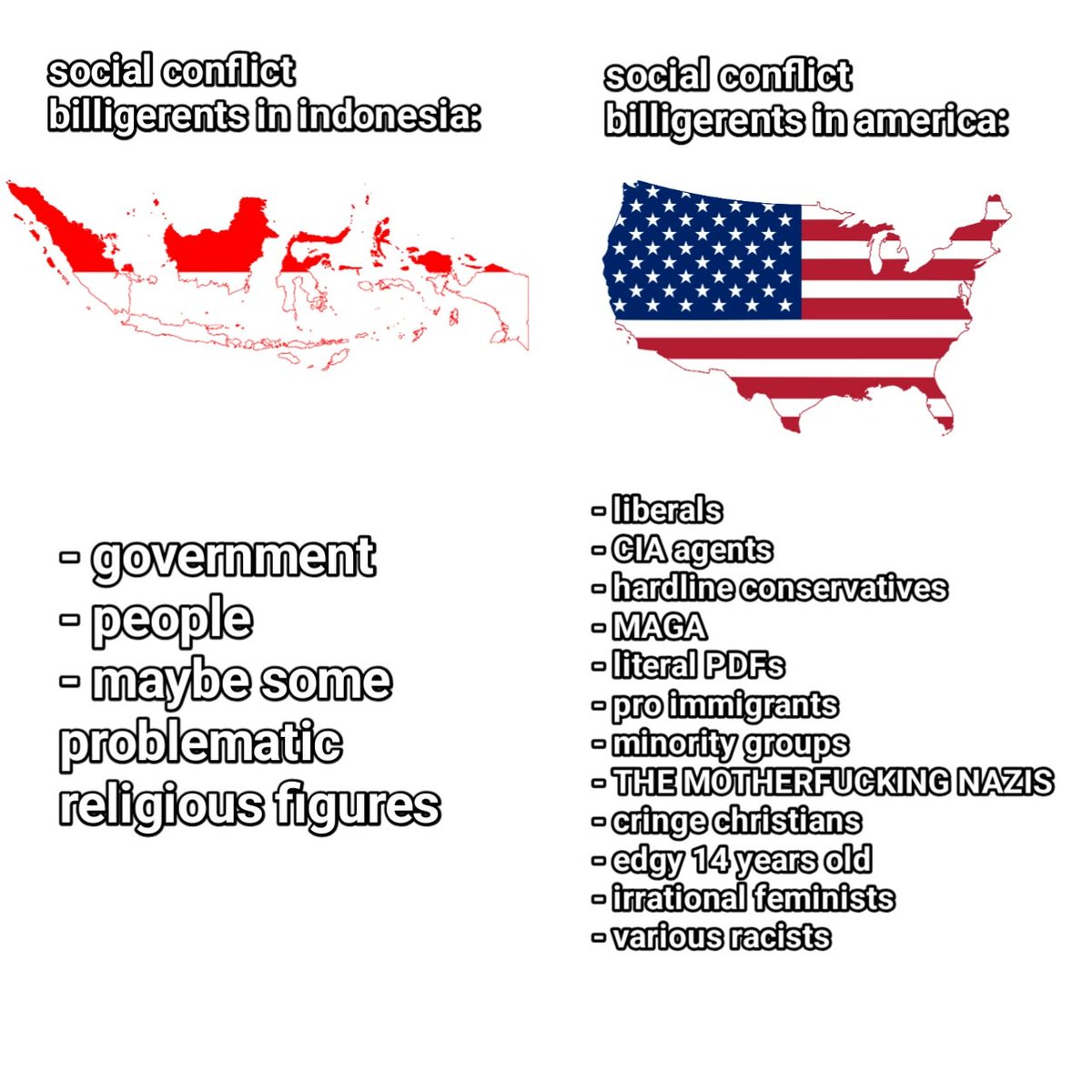 JokoHamdan18294's tweet photo. Indonesian here! i found social conflict in my country is basically just government vs people again and again. i found out those in america are more interesting. so can anybody tell me ALL of things there? https://t.co/NR73BNtPn5