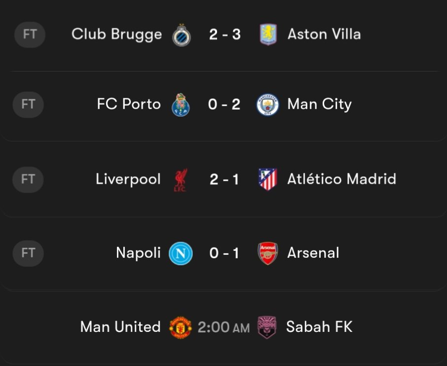 saludosparatii's tweet photo. Empat wakil Inggris berhasil meraih kemenangan semua di fase liga UCL matchday 1.

Hasil pertandingan klub Inggris:
- Club Brugge 2-3 Aston Villa
- Porto 0-2 Man City
- Liverpool 2-1 Atletico Madrid
- Napoli 0-1 Arsenal

Tinggal MU yang belum bermain dan akan bermain nanti malam menjamu Sabah FK. Tentunya menang juga dong😁