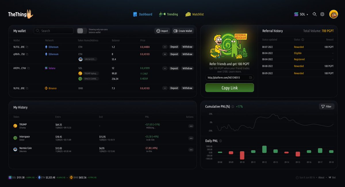 privateAIcom's tweet photo. 👀 First look at TheThing core terminal

TheThing brings token discovery, volume tracking, watchlists, wallet balances, trade history, route review and live PnL into one interface.

Traders can find an asset, check the market conditions, prepare the transaction and follow the result without moving the trade between separate tools.

TheThing core terminal is coming...

⭐ PrivateAI ecosystem is powered by $PGPT

🔗 https://t.co/Kyuo3dB1YO