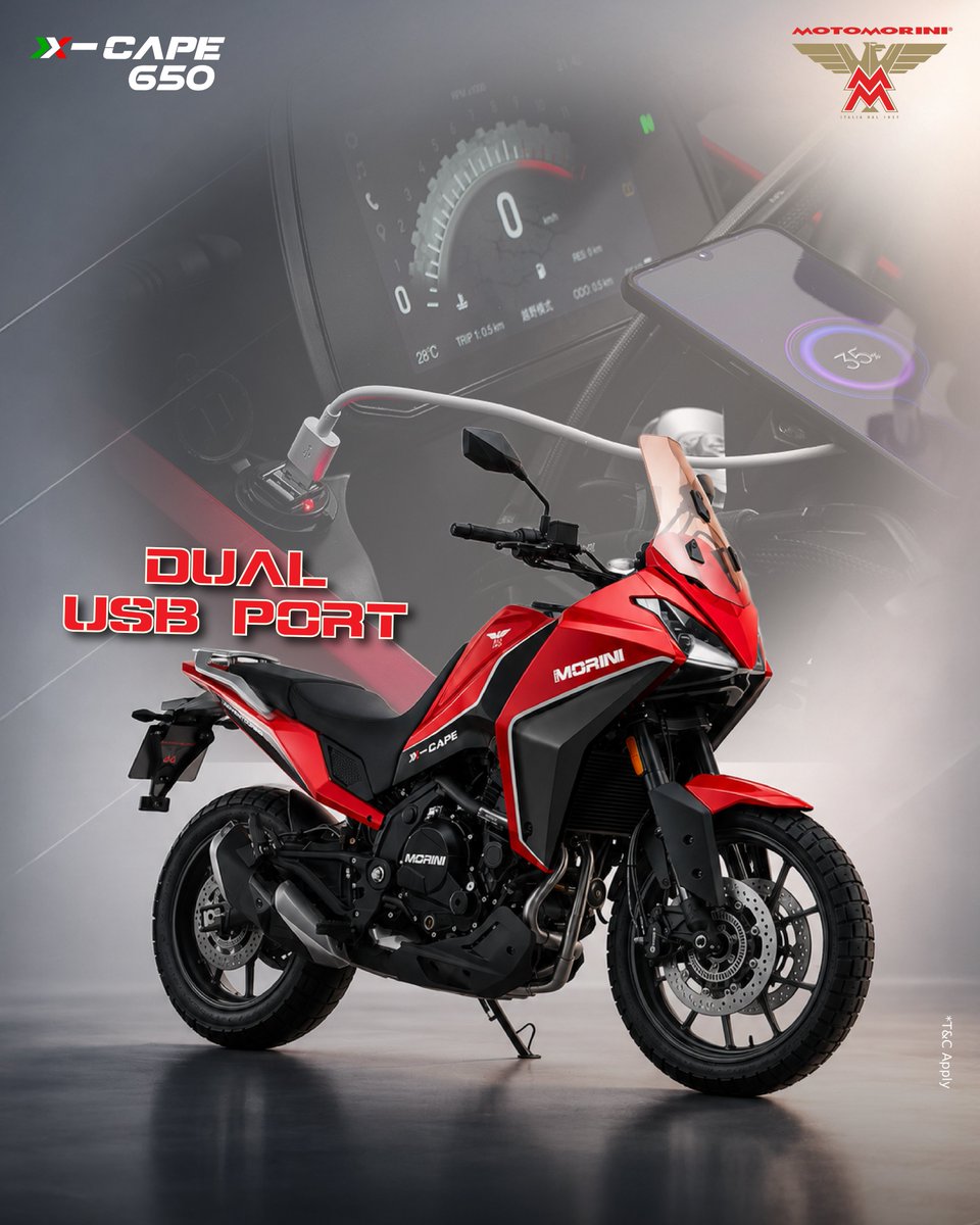 motovault's tweet photo. The Moto Morini X-Cape 650 comes equipped with dual USB ports, keeping your essential devices powered and your adventures uninterrupted.
✔Now available at a new price of ₹ 6.40 Lakh*
For more details, call us: 9966083004
Visit: https://t.co/VFoeIOrOYs
T&amp;C Apply* https://t.co/r77q9QElr4