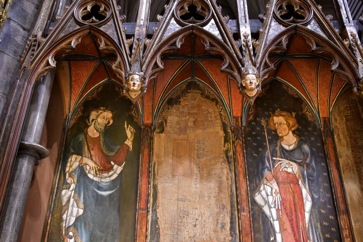 wabbey's tweet photo. For this month's #ExploreYourArchive theme of #Erased, we're looking at the 14th-century sedilia by the Abbey's High Altar.

The sedilia - seats used by the priests during Mass - date from around 1307 and feature richly decorated oak panels which were made by highly skilled craftsmen.

The panels were originally depicted eight figures, four on each side, including Henry III, Edward I and St Edward the Confessor.

However, not all of the paintings have survived. Some were destroyed during the Reformation and the Civil War whilst others have simply not survived the passage of time.

On the north side, the figures between the two kings - thought to have been St Peter and another saint - were obliterated. On the south side, the figure receiving Edward the Confessor's ring, probably St John the Evangelist disguised as a pilgrim, was also erased.

#EYAErased