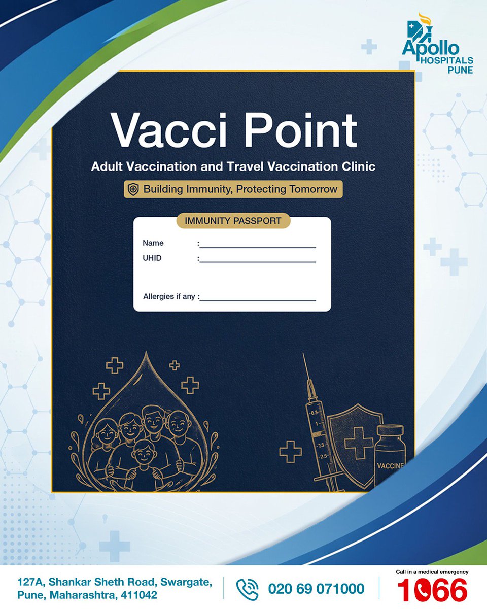 ApolloPune's tweet photo. We are proud to announce the successful launch of VacciPoint at Apollo Hospitals Pune! 

Our dedicated Adult &amp; Travel Vaccination Clinic is officially open to keep you and your loved ones protected.

#VacciPoint #ApolloHospitals #TravelHealth #AdultVaccination #Pune https://t.co/ZpaevZAJMX