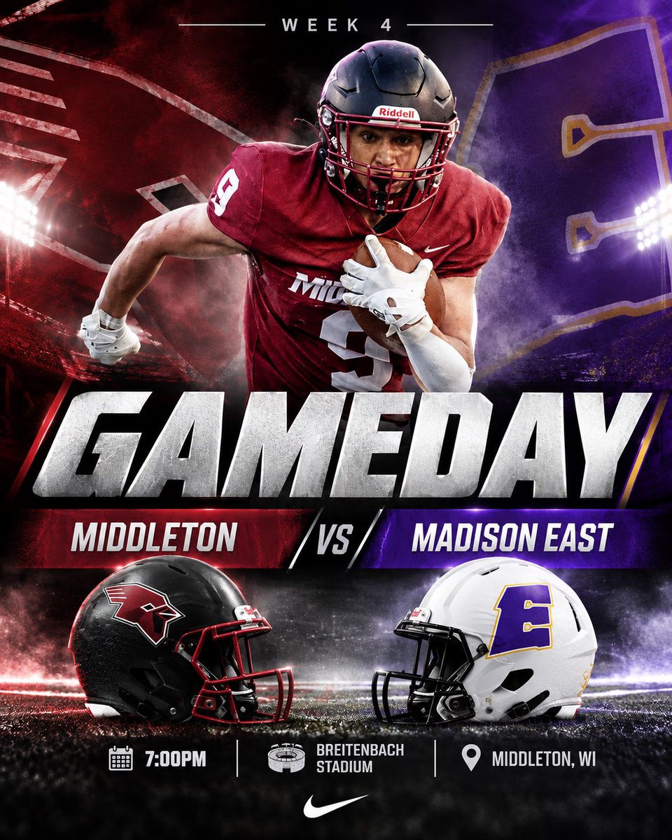 middletonhsfb's tweet photo. 🏈 WEEK 4 • THURSDAY NIGHT LIGHTS 

Thursday Night Lights. Conference football. Let’s pack the stadium! 🔥

🎟️ Tickets: https://t.co/JrXQw4m84M
🎥 Stream: https://t.co/TLJi0klDo8

#MiddletonFootball #ThursdayNightLights #GameDay #Week4 #Big8Football https://t.co/hbUwhCVRoa
