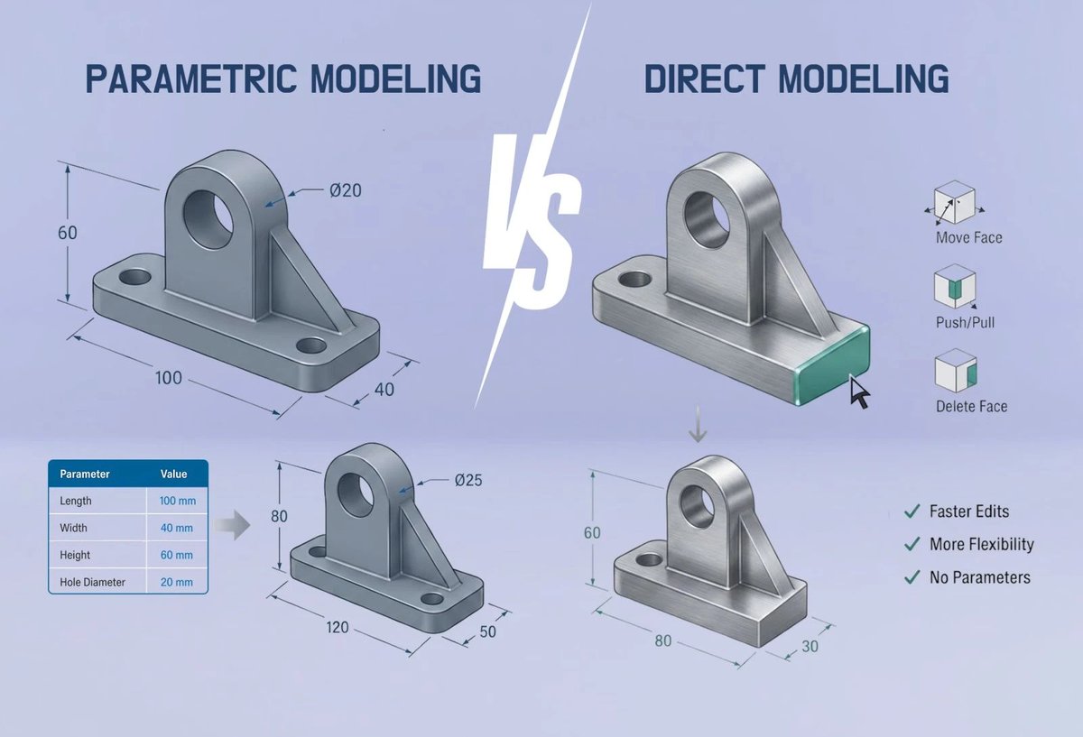 HVHDesigner's tweet photo. Parametric or Direct Modeling

Parametric = dimensions + feature history. Change a shaft diameter, every mating hole updates.
Direct = grab a face, reshape instantly. No feature tree needed.
Built for control vs. built for speed. Full breakdown: https://t.co/AroGWjBnaJ
#cloudcad https://t.co/R8xj5i1Lbx