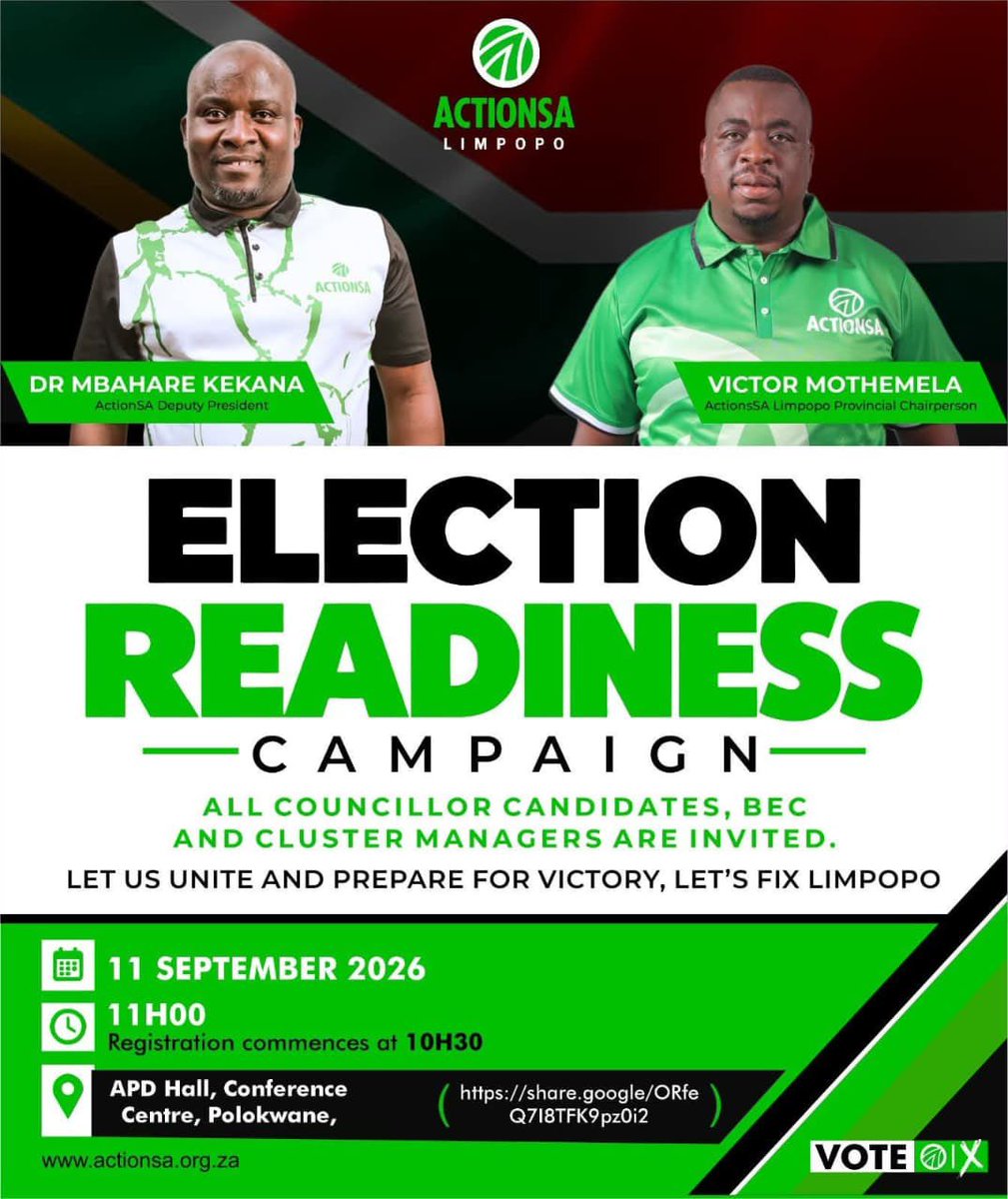 MbahareKekana_'s tweet photo. Tomorrow, I join our @Action4SA Limpopo team for our Election Readiness Campaign as we gear up for the road ahead.
With our councillor candidates, BECs and Cluster Managers, we are strengthening our structures, sharpening our campaign and preparing to take our message of change to every community.#VoteActionSA #LetsFixSouthAfrica