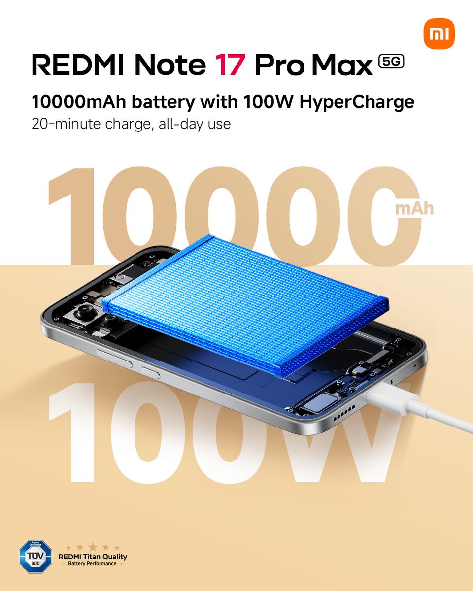 MiBangladesh's tweet photo. More power. Less waiting.

With a 10000mAh Silicon-Carbon Battery and 100W HyperCharge, the #REDMINote17ProMax5G gives you a full day's power with just 20 minutes of charging.

Learn more: https://t.co/GkAbwDjf7D

#REDMINote17ProMax5G #LivemAhximum #XiaomiBangladesh https://t.co/OrQWEcJPC8