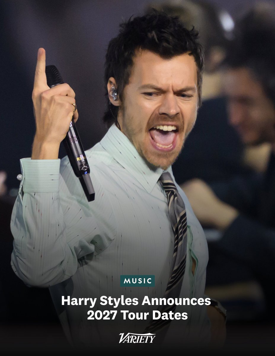 Variety's tweet photo. HARRY STYLES STADIUM TOUR

Harry Styles has announced 2027 tour dates for stadiums in 12 cities across North America and Europe. Styles will play 25 shows next year, with each tour stop being a two-night stand (with the exception of three concluding shows in London).

The tour stops for the U.S. and Canada include Los Angeles, Phoenix, Dallas and Chicago, among other cities. The European long will stop in Paris, Berlin, Madrid, Rome and more. Opening acts for the 2027 gigs include Kiley Minogue, Lainey Wilson, LCD Soundsystem, Tinashe and more.

https://t.co/5jjxQoi6i8