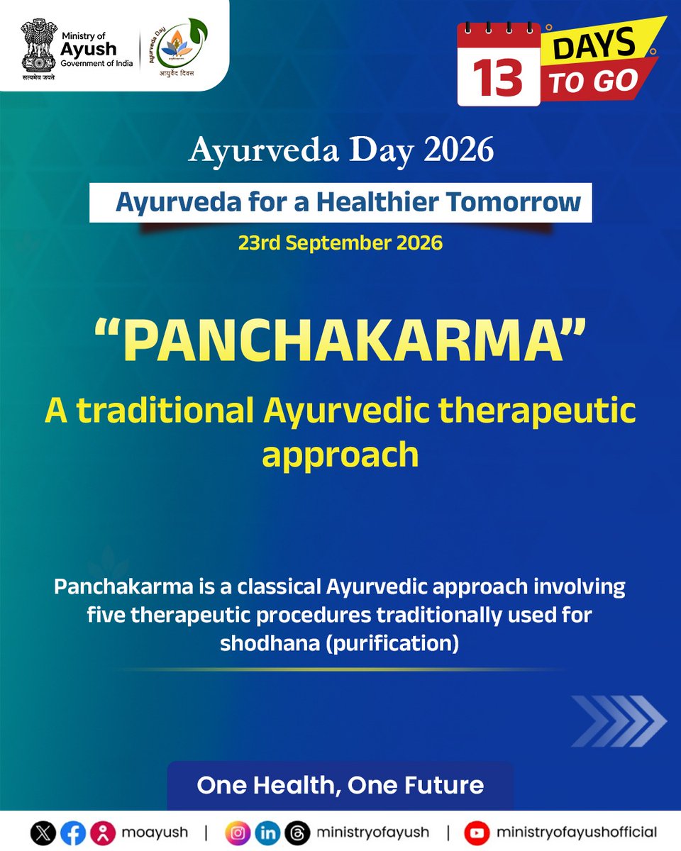 moayush's tweet photo. Panchakarma is a classical Ayurvedic therapeutic approach comprising five procedures traditionally described for Shodhana (purification). 

Panchakarma represents the systematic and structured approach of Ayurveda towards maintaining balance and supporting health, with its procedures traditionally selected and administered according to an individual’s constitution, health condition and therapeutic requirements.

As we move closer to the 11th Ayurveda Day 2026, discover the depth of Ayurvedic knowledge and explore how its classical principles continue to contribute to the understanding of health and holistic care.
#11thAyurvedaDay #AyurvedaDay2026 #AyurvedaForHealthierTomorrow #OneHealthOneFuture #Panchakarma

@PMOIndia |@narendramodi | @mpprataprao | @secymoayush |@CCRAS_MoAyush|@AIIA_NDelhi |@NIAJaipur |@ItraJamnagar |@PIBIndia |@PIBAYUSH|@DDNewslive |@sansad_tv |@AIRNewsHindi I @mygovindia |