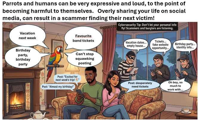 larryp_IT's tweet photo. Pets #Cybersecurity tips 11 of 15; parrots can be very expressive in repeating everything they hear. Similarly posting - sharing everything we encounter and exposing the poster to harms from others. Don’t mimic a Parrot and be mindful on what you post.   https://t.co/0rfFNts1VC https://t.co/VF2KaRjmuI