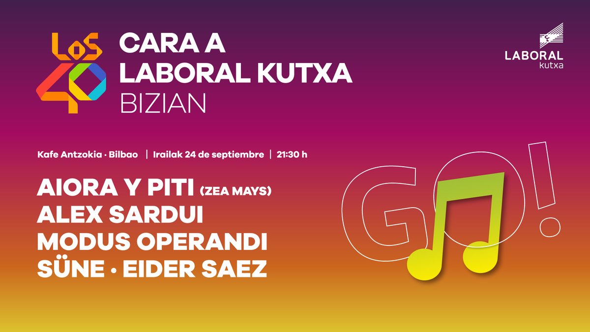LOS40Euskadi's tweet photo. 🥳Hemen da LOS40 Cara A Laboral Kutxa Bizian-en kartel osoa, eta gonbidapenak eskuragarri dira🔊!

💖Kontzertu paregabea antolatu dugu @LABORALkutxa-rekin batera.🎟️Descarga tus invitaciones gratuitas. Recuerda que son validas hasta completar el aforo👇

https://t.co/muJvlbX926 https://t.co/gZEq9w6AI9