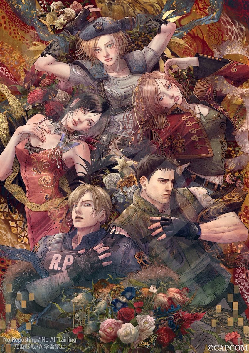 RENews_X's tweet photo. ❗️ Official version of the new Resident Evil 30th anniversary artwork by Capcom illustrator @hinanana_yuga 

💬 A message from HINANA:

"I've had the pleasure of creating new artwork for the Resident Evil 30th Anniversary.   I've arranged each character's outfit by incorporating a viral imagery motif.   The magazine cover is a special collaboration with Mr. Hideaki Kano, so I'd be delighted if you could enjoy it in your hands too!"