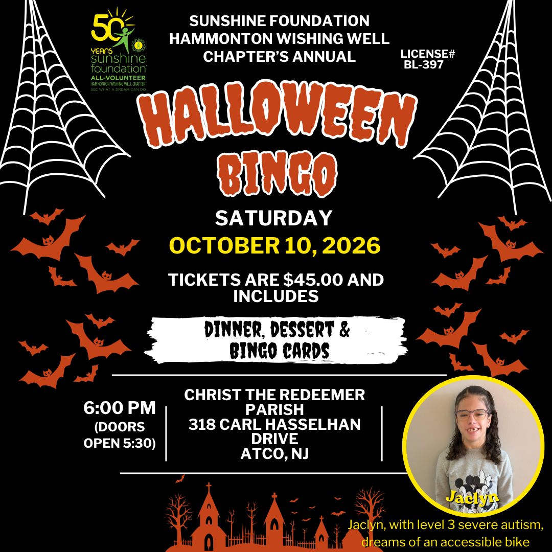 SunFound's tweet photo. 🎃 Halloween Bingo 🎃

📍 ATCO, NJ
📅 Oct. 10, 2026
🎟️ $45 Ticket
 🍽️ Dinner, Dessert &amp; Bingo
 🎭 Costumes Welcome
 🚲 Helping fund Jaclyn's dream of an accessible bicycle 

Hosted by the ALL-VOLUNTEER Hammonton Wishing Well Chapter
📞 Karen: 856-341-4908
 📞 Susie: 609-839-2018 https://t.co/CcEsLtfnm5