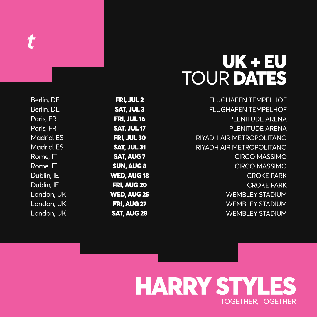 TicketmasterUK's tweet photo. Let’s dance 🕺 Harry Styles just announced additional dates for Together, Together 🪩

Here’s what to know so you’re ready when tickets drop.

🎫: https://t.co/7nqg9vifdj https://t.co/y8m54mb0GI