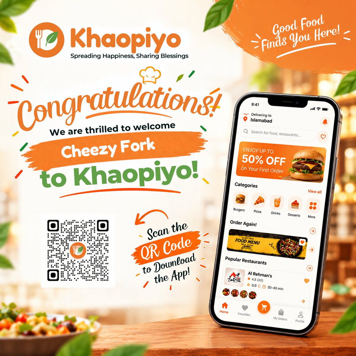 HelloKhaopiyo's tweet photo. We are pleased to welcome Cheezy Fork to the @HelloKhaopiyo family! π½οΈ
Located at Street 67, Sector F, DHA, Islamabad, Cheezy Fork has officially joined the growing KhaoPiyo restaurant network.π€
#KhaoPiyo #CheezyFork #DHAIslamabad #FoodDelivery https://t.co/dKi5I6F78j