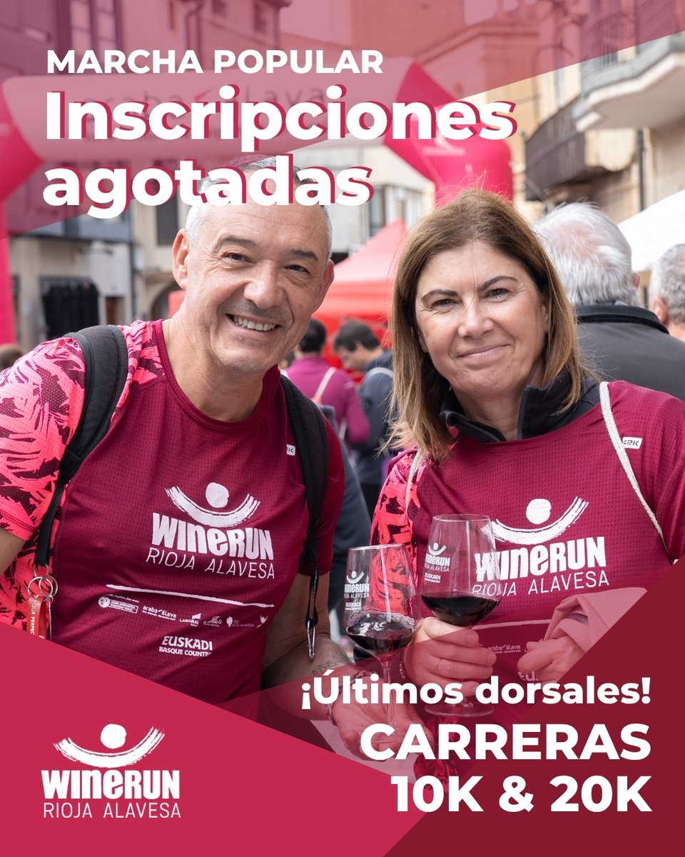 WineRun_RA's tweet photo. 📢MARCHA POPULAR: ¡INSCRIPCIONES AGOTADAS!📢

Un año más, habéis demostrado las ganas de disfrutar de una nueva edición. ¡Muchas gracias!

🚨🏃‍¡Consigue los ÚLTIMOS DORSALES para las Carreras de 10K y 20K! 

#winerun #winerunriojaalavesa #samaniego #riojaalavesa #araba #euskadi https://t.co/2lJKdCZ5jp