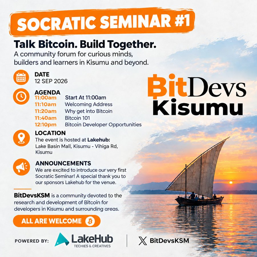 AfriBitcoinNews's tweet photo. 🇰🇪 BitDevs Kisumu: le « newest kid » lance son premier séminaire.

Après des mois de préparation, BitDevs Kisumu est officiellement dans la place. Le samedi 12 septembre 2026, la communauté tient son Socratic Seminar #1 à LakeHub, avec un slogan clair: Talk Bitcoin. Build Together.

👉 https://t.co/yzlfCG9CAM