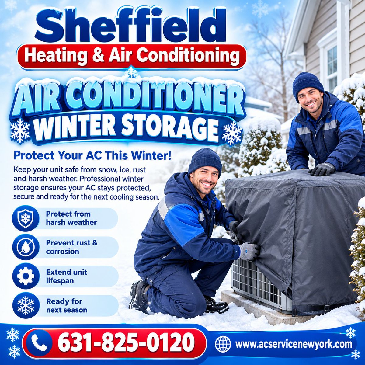 AirSheffield's tweet photo. Protect your AC this winter with professional winter storage! Keep it safe from snow, ice, rust, and harsh weather. Call 631-825-0120 | https://t.co/kiQVjIbi3r
#ACStorage #WinterACCare #HVACServices #AirConditioner #NewYorkHVAC https://t.co/2I4kKPeesF