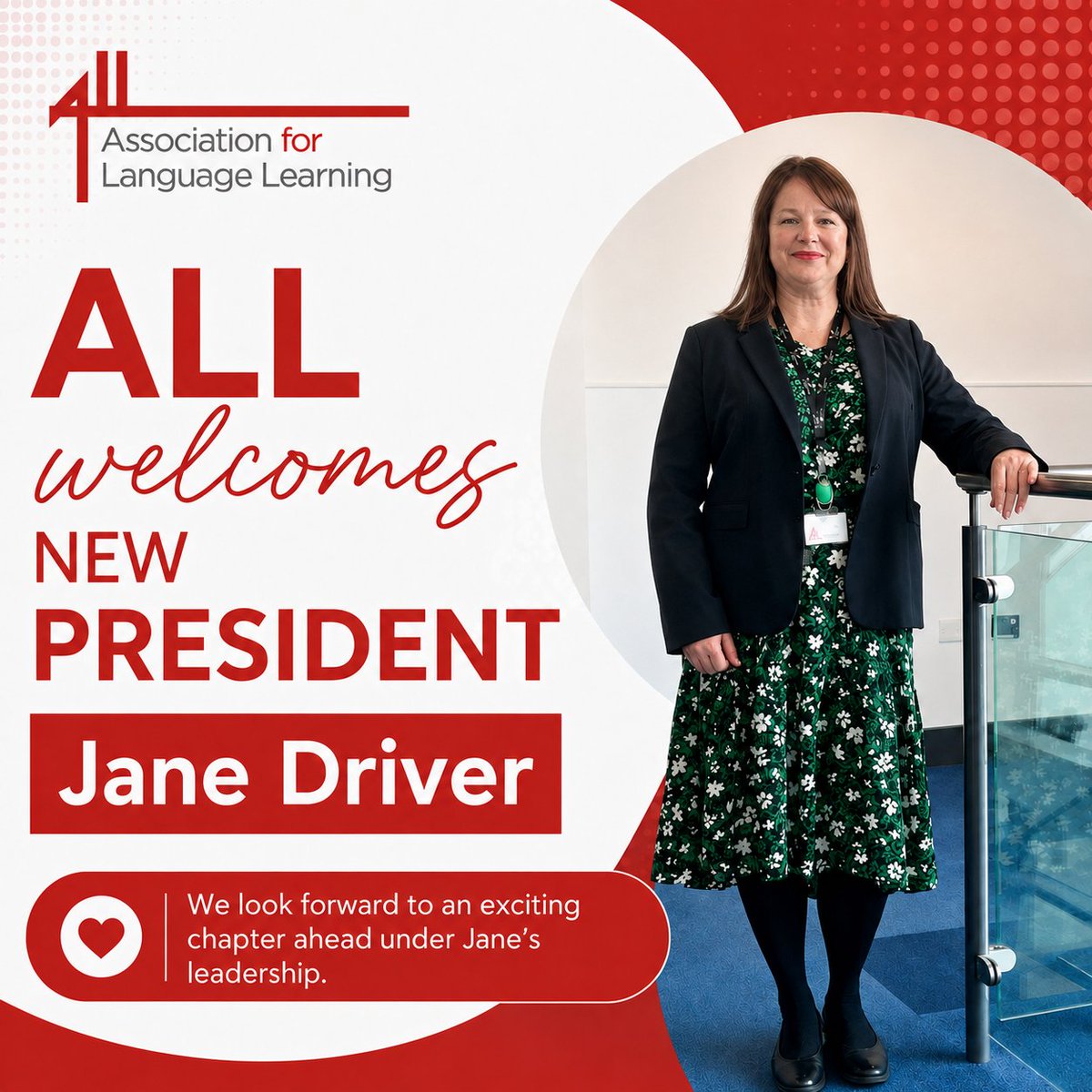 ALL4language's tweet photo. 🌍Delighted to begin my term as ALL President! @janedriver1  The year ahead will focus on supporting language educators through reform, strengthening collaboration, championing inclusion &amp; inspiring a  love of languages. ❤️
Language World 2027: abstracts &amp; reg now open!
#MFL https://t.co/76FxZdlP3Y