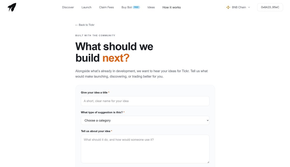 Tickr_BNB's tweet photo. What should we build next? 🚀

We’ve got a lot cooking behind the scenes, with more updates coming soon.

Alongside everything already in development, our community feedback form is now live. Tell us what features, utilities, and improvements you want to see next.

We’ll take the best ideas from the community and turn them into real features on Tickr.

Share yours 👇
https://t.co/NSL05tfleQ