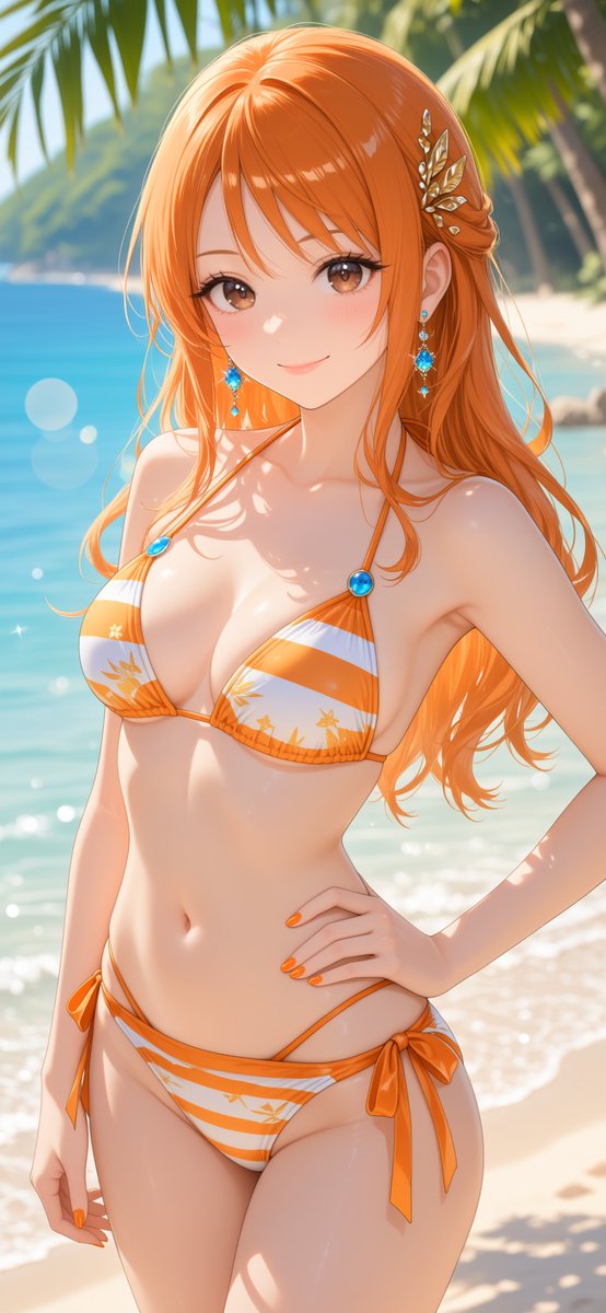stephanie34xp6's tweet photo. I spent way too long picking this swimsuit, but the ocean breeze makes it worth it. Does this color suit me? #AIart #AIイラスト #Waifu #DigitalMuse #OriginalCharacter #AnimeGirl 😍 https://t.co/u4ECqtSsNZ