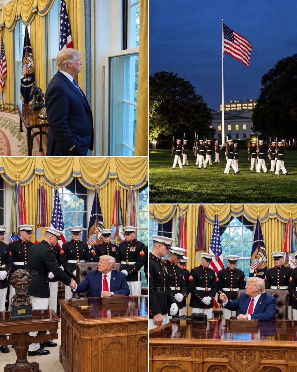 GOP_is_Gutless's tweet photo. 🚨 OMG, WHY TRUMP DID THIS… Trump noticed the Marines through his window. And for a brief moment… he wasn’t thinking like the President. He simply became what those Marines needed most — a Commander-in-Chief who truly noticed them.

Nobody arranged this. Nobody scripted it. No PR team planned it. No speechwriter prepared the words. Trump was simply moving through the White House when he looked outside and saw the Marine Corps Silent Drill Platoon practicing on the South Lawn.

That incredible precision. That unwavering discipline. That quiet dedication that so many people might walk past without noticing. But Trump stopped. He watched them. And then he said three simple words that made the moment unforgettable:

“Come on in, fellas.”

And those Marines entered the Oval Office.

The most powerful room in America. And Trump personally presented each of them with a Presidential Challenge Coin. One after another. Looking them in the eyes. Shaking every hand.

Then one Marine looked at Trump and said, “Thank you.”

Trump looked back at him and replied with words that hit differently:

“It’s my honor.”

Not “great job.” Not “well done.” Not simply “thank you for your service.”

“It’s my honor.”

The President of the United States telling a Marine that being there with them was an honor.

And today… a 20-year Air Force veteran shared online: “I never thought I would feel this way about this man. But this is what real leadership looks like.”

That veteran expressed something many people couldn’t put into words.

#Trump #Marines #America #GodBlessAmerica