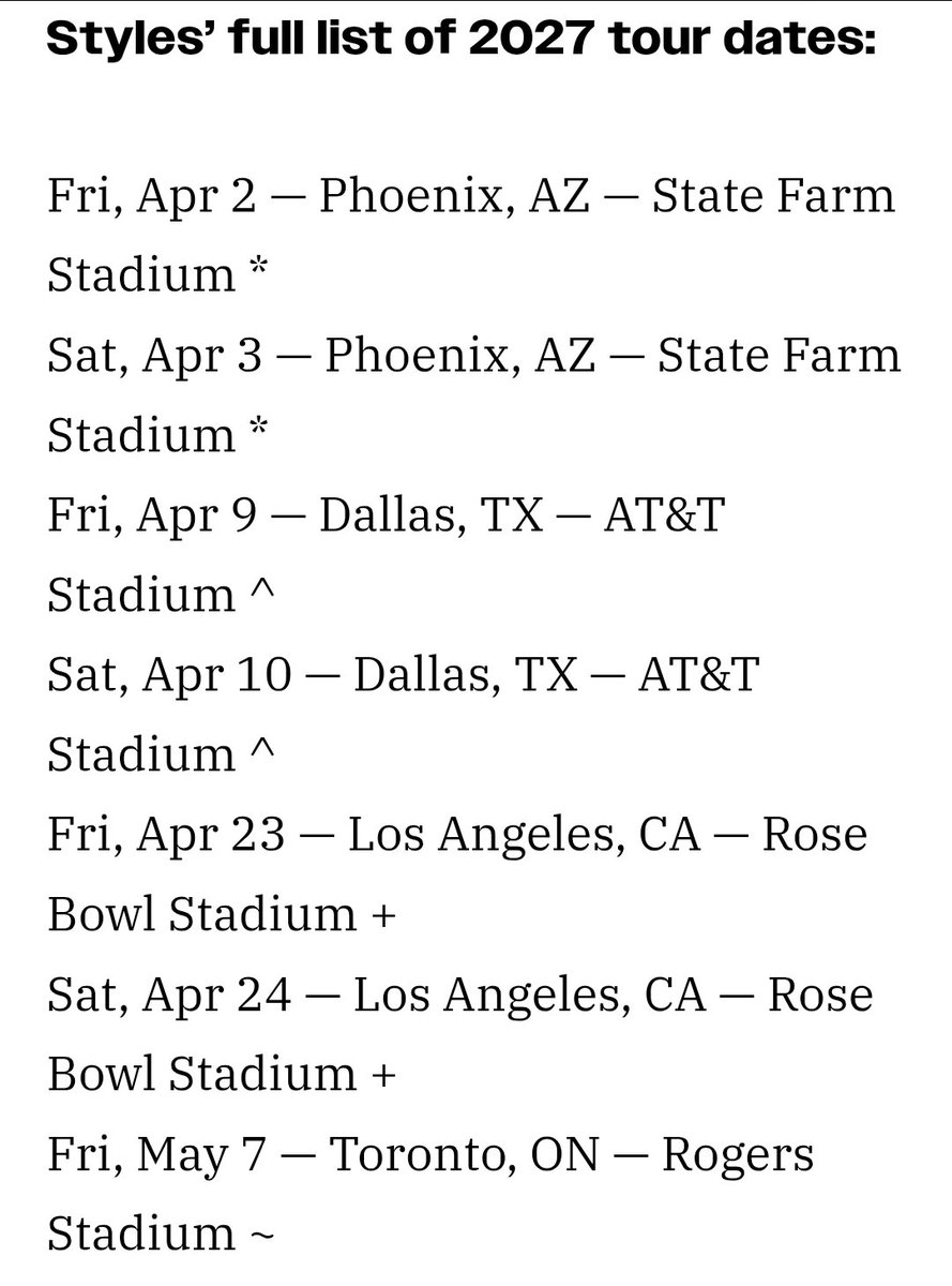 TheGlastoThingy's tweet photo. So...
There is a #GSH but it's a fairly large one.
Finishes US dates in Chicago at the end of May, then picks up again in Berlin July 2nd.
Glastonbury main stage dates are June 25, 26 & 27.
London dates not until end of August.
#Glastonbury #HarryStyles https://t.co/WVgGvA2BED