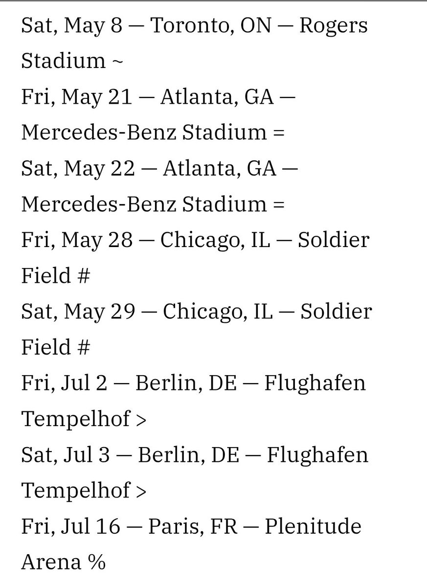 TheGlastoThingy's tweet photo. So...
There is a #GSH but it's a fairly large one.
Finishes US dates in Chicago at the end of May, then picks up again in Berlin July 2nd.
Glastonbury main stage dates are June 25, 26 & 27.
London dates not until end of August.
#Glastonbury #HarryStyles https://t.co/WVgGvA2BED