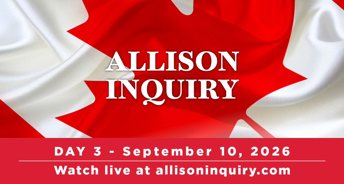 AllisonInquiry's tweet photo. GOOD MORNING — WELCOME TO DAY 3 OF THE ALLISON INQUIRY

Good morning, Canada, and welcome to Day 3 of the Allison Inquiry.

Today’s proceedings begin at 8:30 a.m., as more Canadians come forward to share deeply personal experiences of injury, loss, and the lasting impact these experiences have had on their lives and their families.

These are difficult stories to hear—but they must be heard. Behind every testimony is a person, a family, and a life that has been changed.

We invite Canadians across the country, and viewers around the world, to listen today with compassion, respect, and an open mind.

Watch today’s proceedings live at https://t.co/5Gp7PxVvon