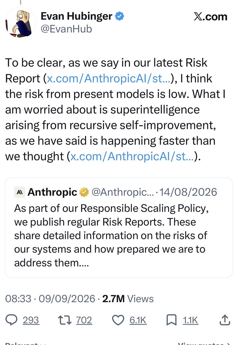 cymakhan0's tweet photo. Researcher Evan Hubinger resigned from #Anthropic, warning that the rapid development of superintelligent AI models could pose an existential threat to humanity over the next decade https://t.co/pC4yfizOqX