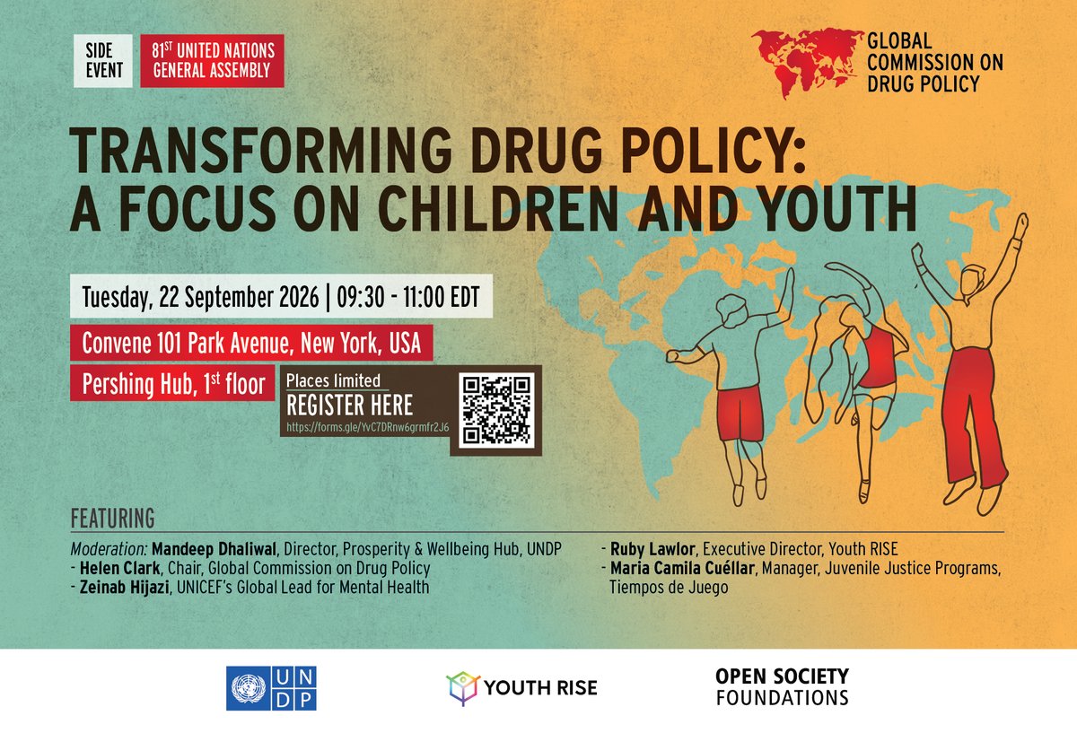 globalcdp's tweet photo. 📢 Drug policy is meant to protect children and young people. But at what cost?

Join #GCDP at #UNGA81 for a discussion on how drug policies affect children and young people - and why protecting them must mean protecting their rights, health and well-being, not exposing them to further harm.

📅 Tuesday, 22 Sept 2026
🕤 09:30 – 11:00 EDT
📍 Convene 101 Park Avenue, New York (US) - Pershing Hub, 1st floor
🎟️ Places are limited, please be sure to register here asap: https://t.co/SUnfNpYSZK

With @GCDP Chair @HelenClarkNZ, Ruby Lawlor (@YouthRISE), Maria Camila Cuéllar (@TiempodeJuegoTJ), Zeinab Hijazi (@UNICEF). Moderated by @Mandeep_Dh (@UNDP).