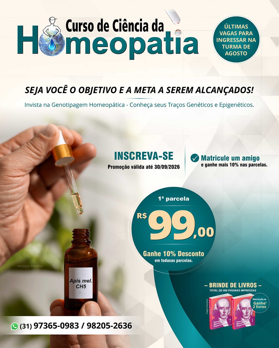 CursoHomeopatia's tweet photo. CURSO EM 12 MESES
AULAS AO VIVO e AULAS GRAVADAS

📍 MATRICULE-SE!

INÍCIO: 15 e 16/08/2026
DURAÇÃO: 12 meses
CARGA HORÁRIA: 800h
CERTIFICADO.

As aulas já iniciaram, mas não se preocupe, você receberá as aulas gravadas.

🌐 https://t.co/NLkbFgNCQ8
📞 (31) 98205-2636 / 97365-0983 https://t.co/6U3IwDNuwk