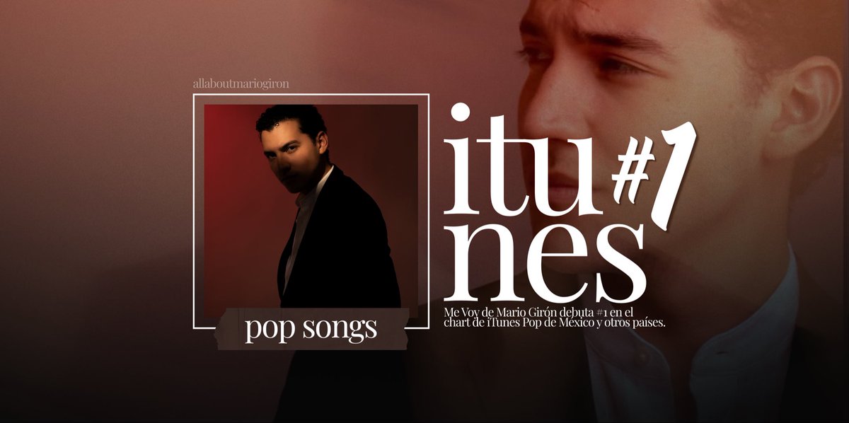 allabout_mgiron's tweet photo. 🎧 | iTunes Top Songs — Pop

“Me Voy”, nuevo sencillo de Mario Girón (@mgiron_of), se encuentra en el chart de iTunes Pop de México y otros países. 

🇲🇽 #1 México
🇩🇴 #1 República Dominicana
🇵🇪 #16 Perú 

#MarioGirón https://t.co/4EvpPaJK4i