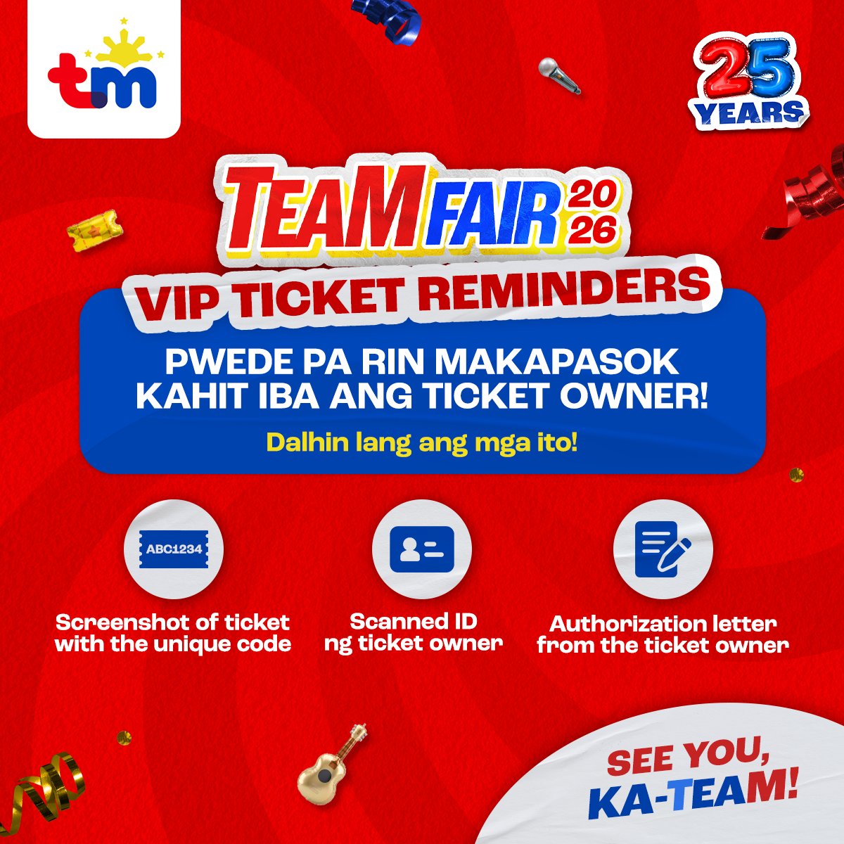 tmtambayan's tweet photo. Ticket reminder ‼️ Kailangan dala niyo ang mga ito pagpasok sa TeaM Fair venue, ha? Kitakits! ♥️ #TM2geder5ever #TeaMTayo https://t.co/v0Uf4rqXFv
