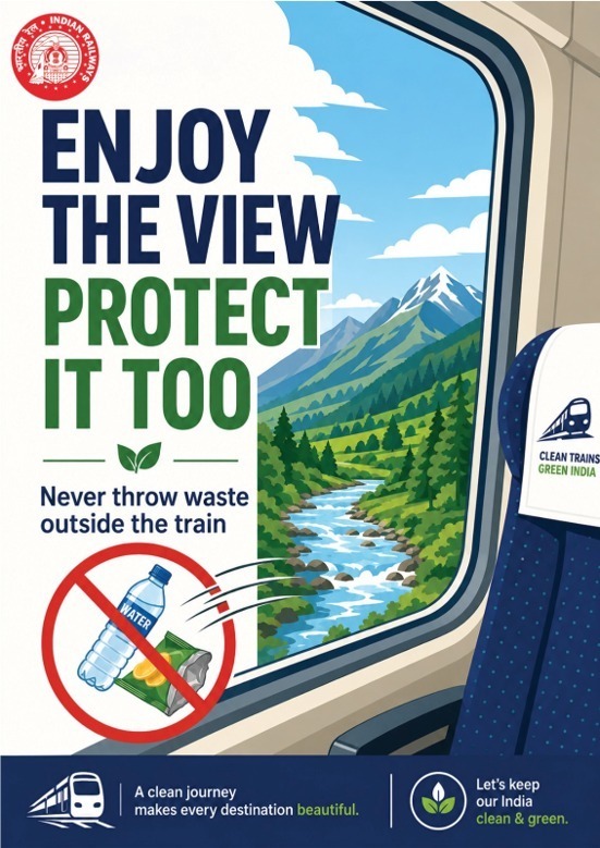 NWRailways's tweet photo. #SWMRules2026 🇮🇳🌱
🚆🌿 Enjoy the View, Protect It Too! 💚
♻️ Never throw waste outside the train. 🗑️
Keep your journey clean and help keep India clean and green.🚆🌿
🔖
#SWMRule2026 ♻️ #CleanRailways 🚆 #GreenIndia 🌿 #DontLitter 🚫 #ResponsibleTravel #IndianRailways 🚆 #NorthWesternRailway 🚆
@RailMinIndia @AshwiniVaishnaw @VSOMANNA_BJP @DRMJodhpurNWR @DrmAjmer @drmbikaner
