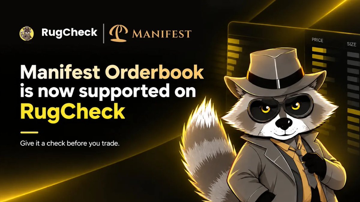 Rugcheckxyz's tweet photo. RugCheck now supports @ManifestTrade.

Manifest order-book liquidity is now recognised and included in token reports alongside other supported markets.

For projects building liquidity on Manifest, that activity is now represented. For traders, order-book and pool liquidity can be viewed together in one report.