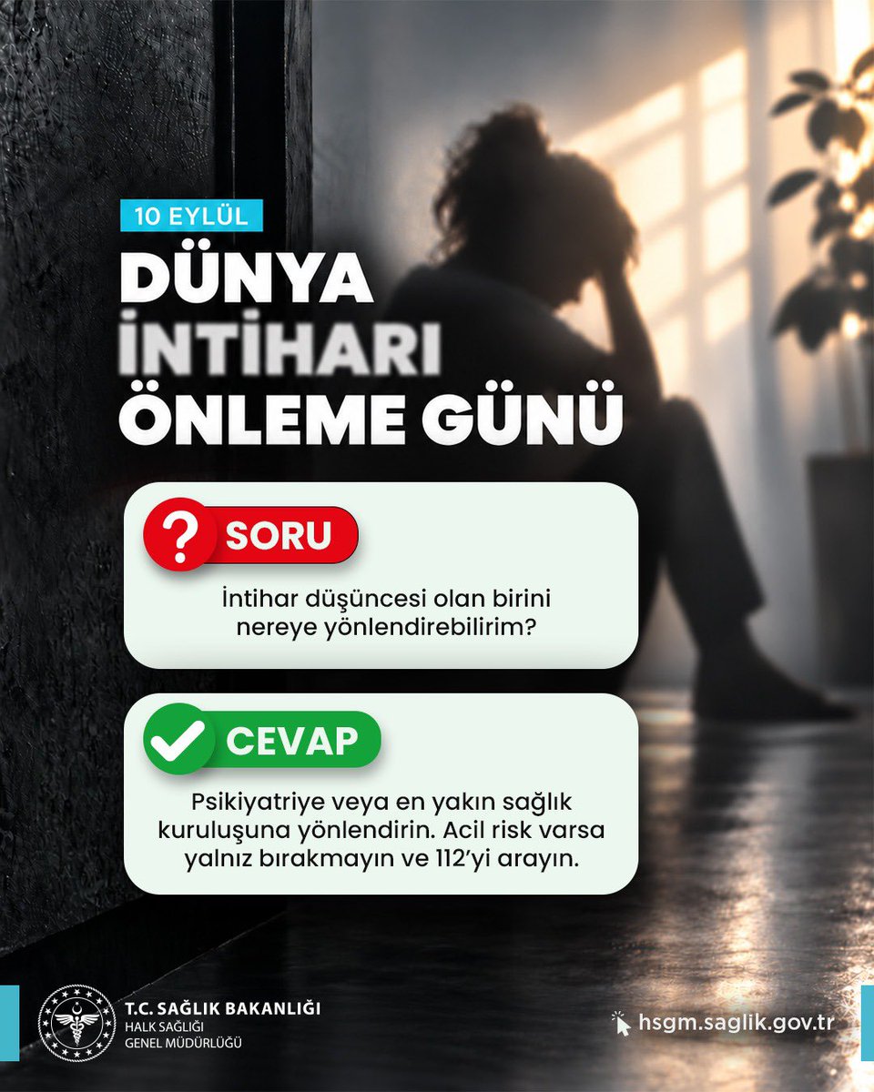 halksagligigm's tweet photo. 10 Eylül Dünya İntiharı Önleme Günü 🚫

“İntiharla ilgili anlatıyı değiştir, konuşmayı başlat.”

İntihar önlenebilir bir halk sağlığı sorunudur. Yargılamadan dinlemek, kişiyi ciddiye almak, destek olmak ve gerektiğinde profesyonel yardıma yönlendirmek önemli bir fark yaratabilir.

Acil risk durumunda kişiyi yalnız bırakmayın ve 112’yi arayın. Profesyonel destek için MHRS veya Alo 182 üzerinden sağlık kuruluşlarına başvurulabilir.

#DünyaİntiharıÖnlemeGünü #RuhSağlığı #HalkSağlığı