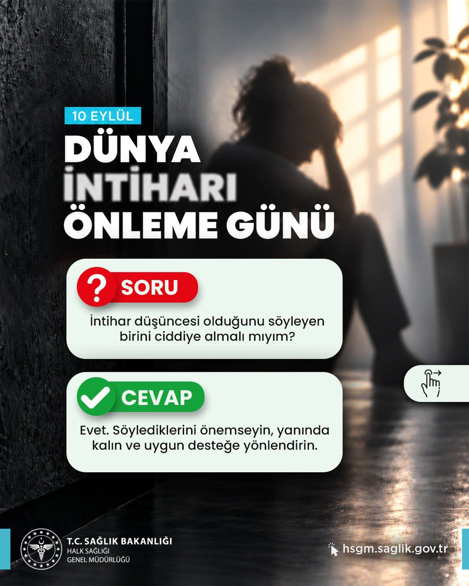 halksagligigm's tweet photo. 10 Eylül Dünya İntiharı Önleme Günü 🚫

“İntiharla ilgili anlatıyı değiştir, konuşmayı başlat.”

İntihar önlenebilir bir halk sağlığı sorunudur. Yargılamadan dinlemek, kişiyi ciddiye almak, destek olmak ve gerektiğinde profesyonel yardıma yönlendirmek önemli bir fark yaratabilir.

Acil risk durumunda kişiyi yalnız bırakmayın ve 112’yi arayın. Profesyonel destek için MHRS veya Alo 182 üzerinden sağlık kuruluşlarına başvurulabilir.

#DünyaİntiharıÖnlemeGünü #RuhSağlığı #HalkSağlığı