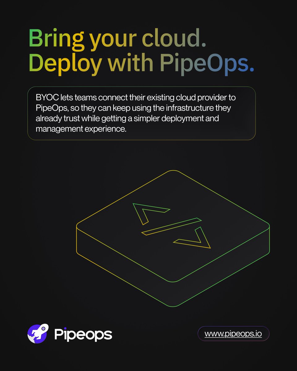 pipeopshq's tweet photo. Visit https://t.co/TOtAUlDGbD

1️⃣ Go to Integrations
2️⃣ Pick AWS, GCP, Azure, DigitalOcean or Huawei Cloud
3️⃣ Connect &amp; authorize your cloud account
4️⃣ Provision a server; choose your region/specs
5️⃣ Connect your repo &amp; deploy

Your cloud. PipeOps workflow. https://t.co/zvtBwiOSus