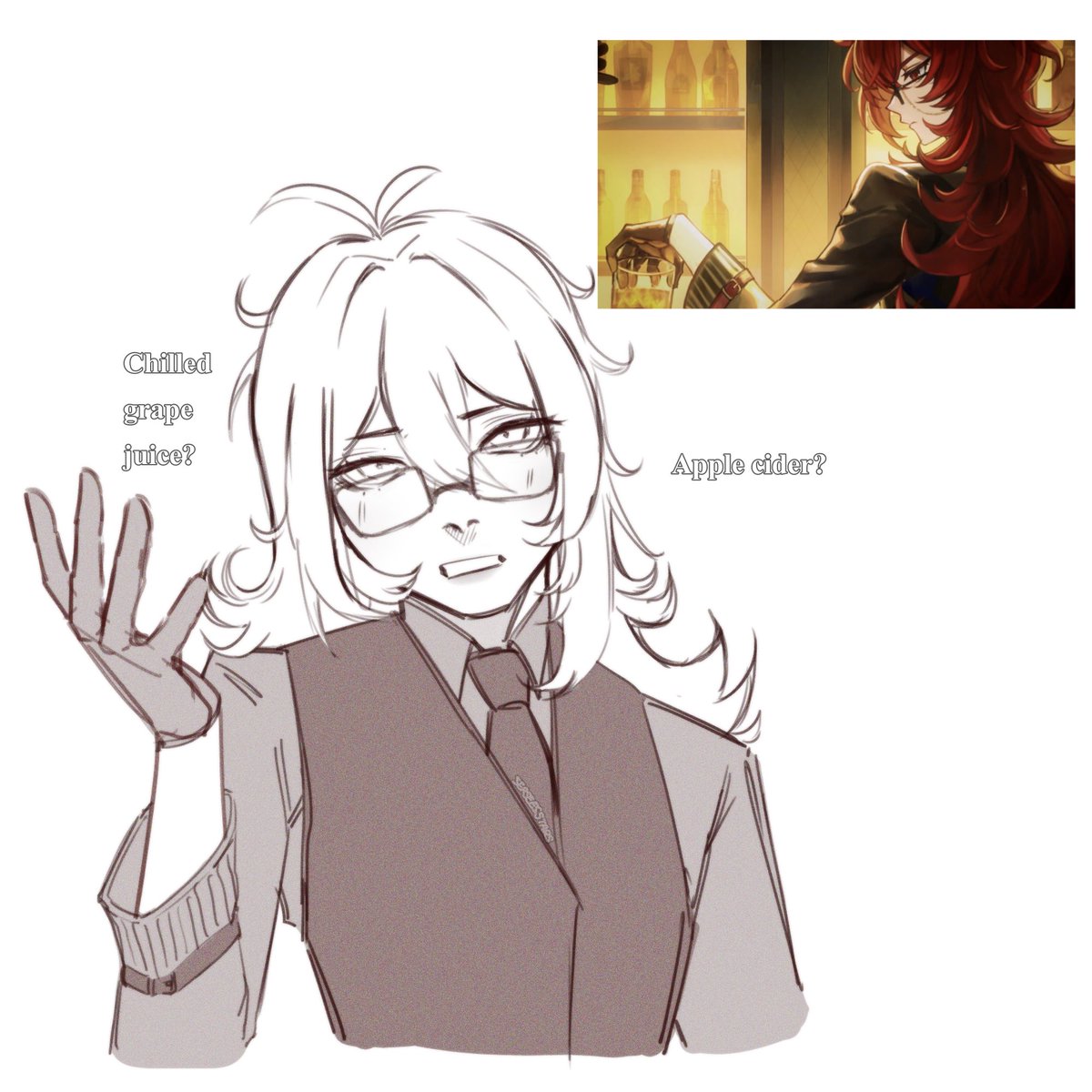 serseesstars's tweet photo. I couldn’t help myself and doodle hoyofair diluc :3c they didn’t have many non-alcoholic options it seems

“Hm. Whatever will do.” https://t.co/WuODaIbRHC