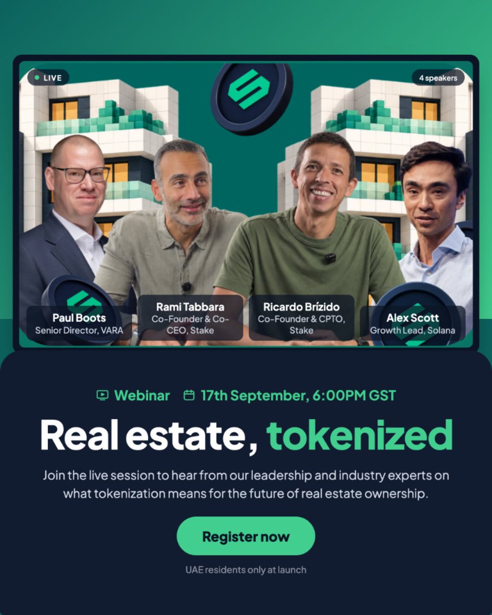GetStake's tweet photo. 🤔What does tokenization mean for real estate ownership?

Join us Sept 17 at 6 PM GST for Real estate, tokenized, a live conversation on blockchain, regulation & what’s next for investors.

@ramitabbara @phboots @varadubai @solana @afscott 

Register: https://t.co/qUxE8rY4ja

Stake RWA FZE holds an In-Principle Approval from VARA (Dubai) for Broker-Dealer Services; it is not yet licensed to provide these services and full licensing is not guaranteed. This content is educational only and is not an offer, solicitation, or advice to engage in any virtual asset activity. Virtual assets carry high risk of loss