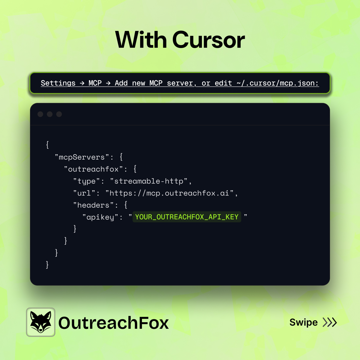 Outreachfox's tweet photo. MCP setup, start to finish.

Grab your API key, drop in one URL, restart your client.

Works with Claude Desktop, Cursor, Windsurf, and more.

Try Now
 https://t.co/O5hE6QbBtd https://t.co/sOpxf2W1uY