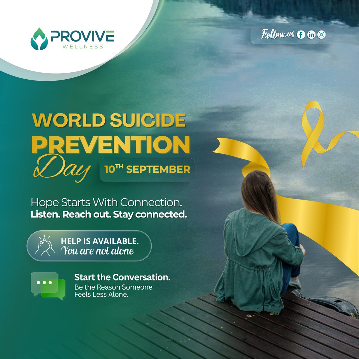 ProviveWellness's tweet photo. World Suicide Prevention Day 💛

Hope starts with connection. Listen. Reach out. Stay connected.

You are not alone. If you or someone you know is in crisis, call/text 988 — available 24/7.

#WorldSuicidePreventionDay #YouAreNotAlone #988 https://t.co/6O1RRHaNqc