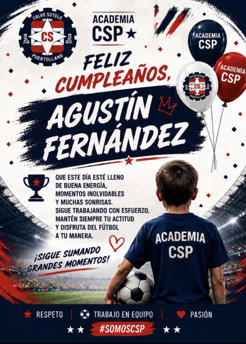AcademiaCSP's tweet photo. 🎉⚽ ¡HOY ESTAMOS DE CELEBRACIÓN EN LA ACADEMIA CSP! 🔵⚪🔴

Desde la Academia de Fútbol Calvo Sotelo Puertollano queremos felicitar a nuestros jugadores:

🎂 Ricardo Jesús Silebo
🎂 Rocío Naranjo
🎂 Agustín Fernández

Que disfrutéis muchísimo de vuestro día!!! https://t.co/Wk9MkhbKNa