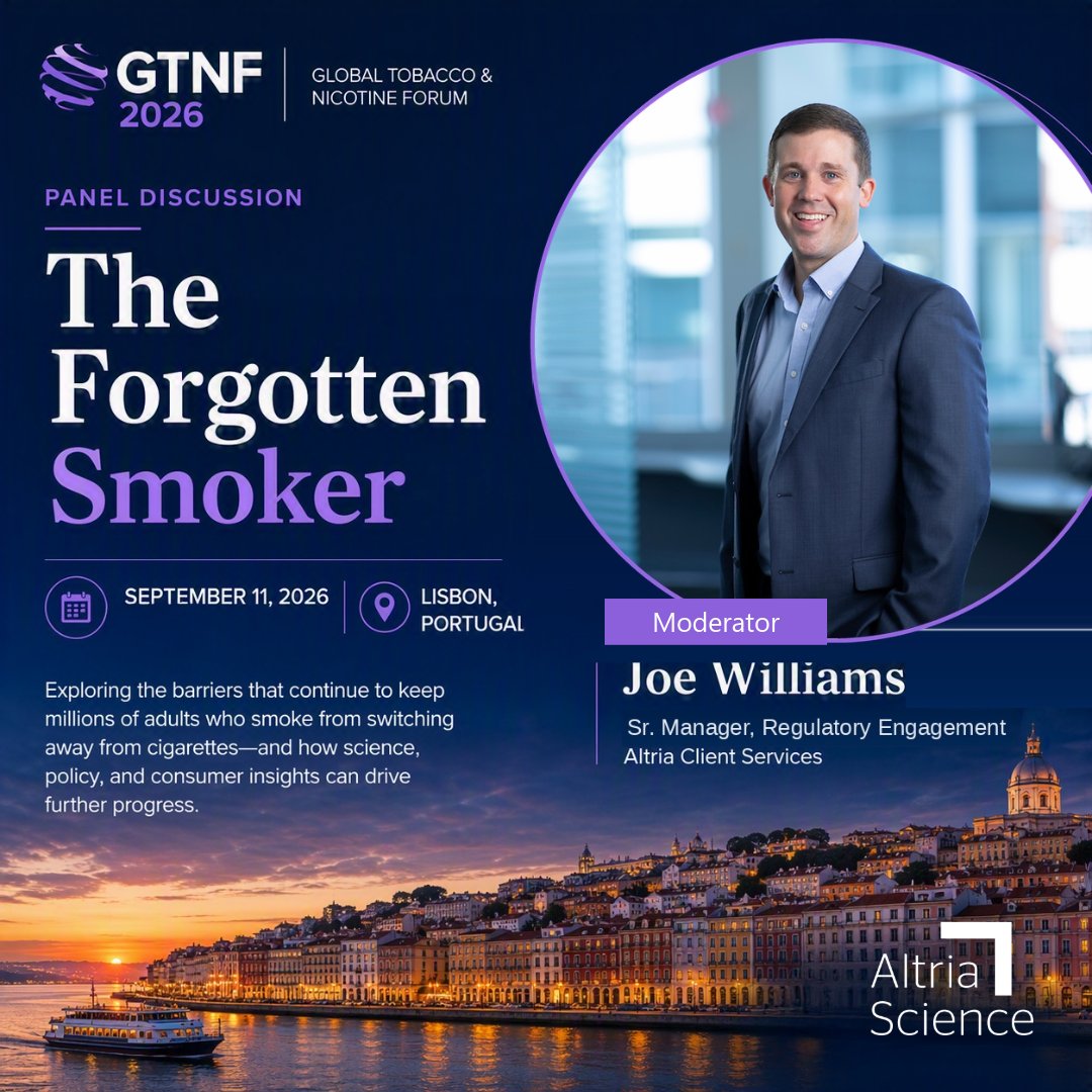 AltriaScience's tweet photo. When people hear that smoking rates have declined, it's easy to assume the challenge has largely been solved. But millions of adults continue to smoke, and many face barriers that make switching away from cigarettes more difficult than often recognized.

At GTNF 2026, Altria's Joe Williams will moderate "The Forgotten Smoker," a discussion focused on understanding those barriers and exploring how science, policy, and consumer insights can help drive further progress.

The panel will examine the role of risk misperceptions, regulatory and policy frameworks, and access to smoke-free alternatives, while exploring how evidence-based approaches can help reduce smoking-related disease and ensure the needs of adults who smoke are not overlooked.