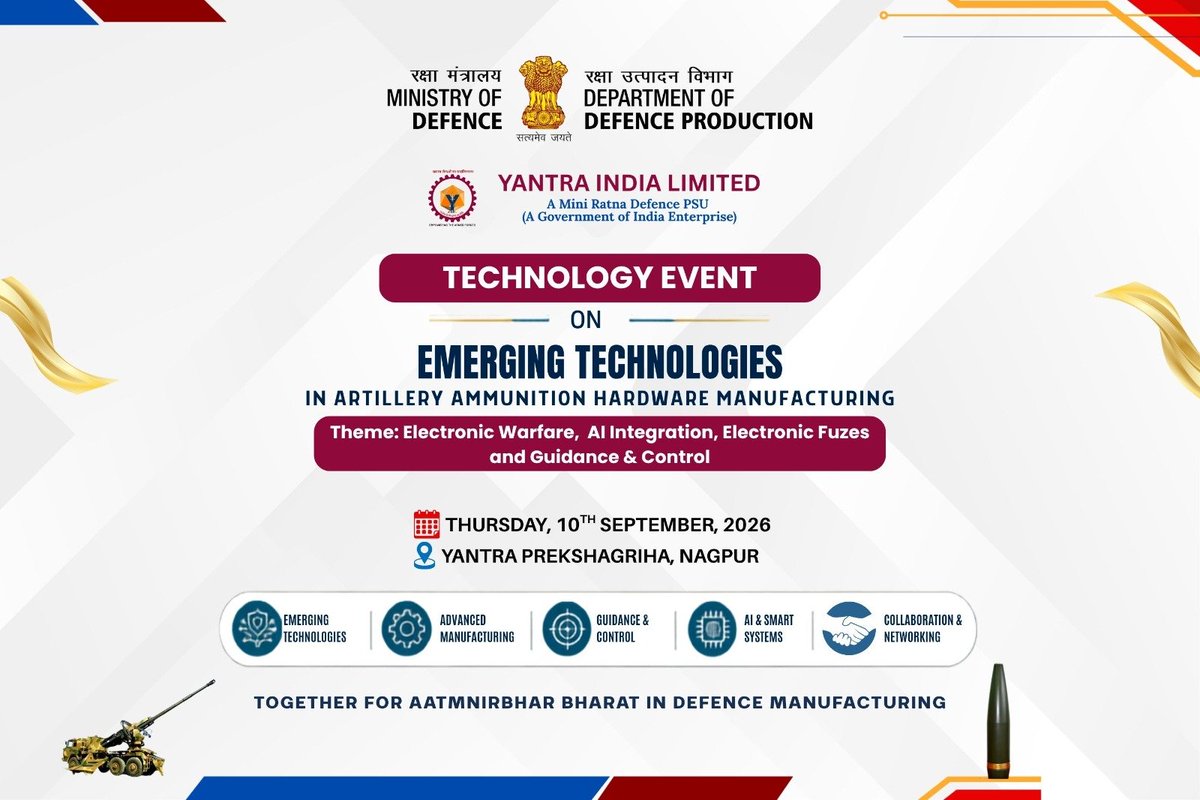 YantraIndiaLtd's tweet photo. Driving innovation for next-generation defence manufacturing.
YIL organised a One-Day Workshop on Emerging Technologies in Artillery Ammunition Hardware Manufacturing focusing on AI, Electronic Warfare, Electronic Fuzes &amp; Guidance &amp; Control.
@SpokespersonMoD
@DefProdnIndia https://t.co/RvnHTjuNki